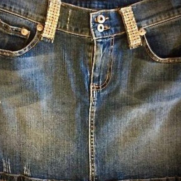 Allen B Schwartz Rhinestone Denim Mini Skirt - Picture 2 of 4